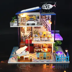 DIY кукольные домики ручной работы Тема деревянная кабина сборка модель здания игрушка набор с светильник и музыка-Blue Sea Romance