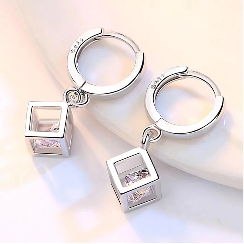 

Classic Cube Sparkling CZ Drop Earrings Pendant For Women High Quality Silver Color Dangle Earring Female Wedding Party Jewelry