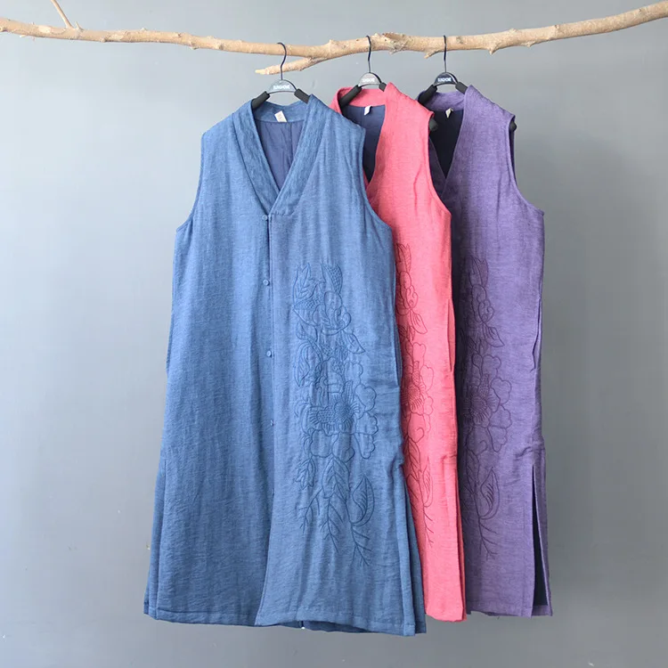 

National Wind WOMEN'S Dress Cotton Linen Waistcoat Loose-Fit Embroidery Padded Cotton Coat Large Size Cardigan Chinese-style Yea