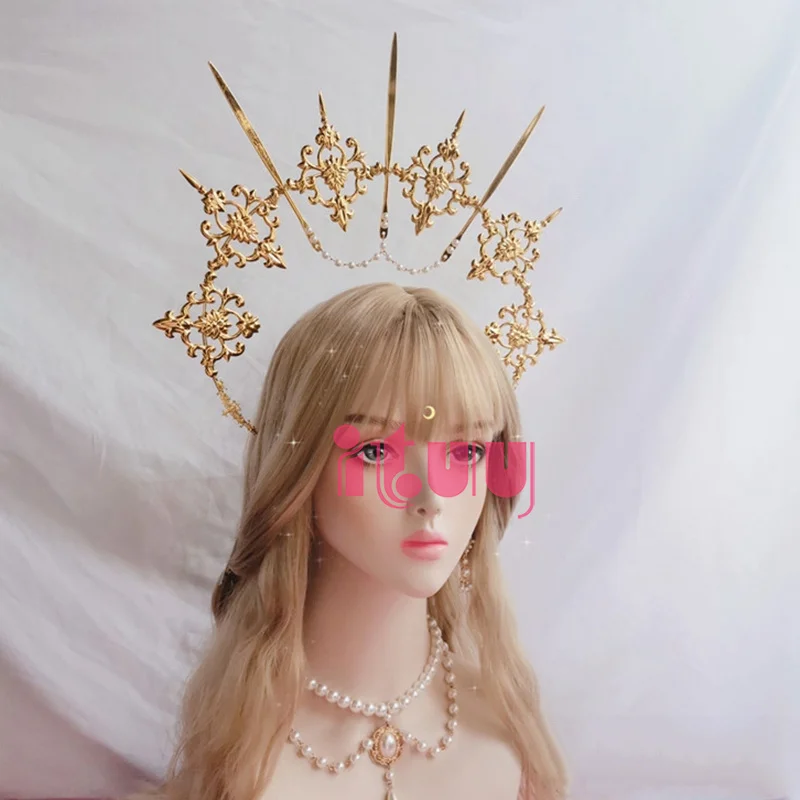 ITUY Lolita Vintage Kc Headband Angel Gold Halo Goddess Headpiece Virgin Mary Bride Crown Bead Chain Baroque Tiara Headwear -Zentai shop online Hf7b84706f1904071be210721dacb5b42d.jpg