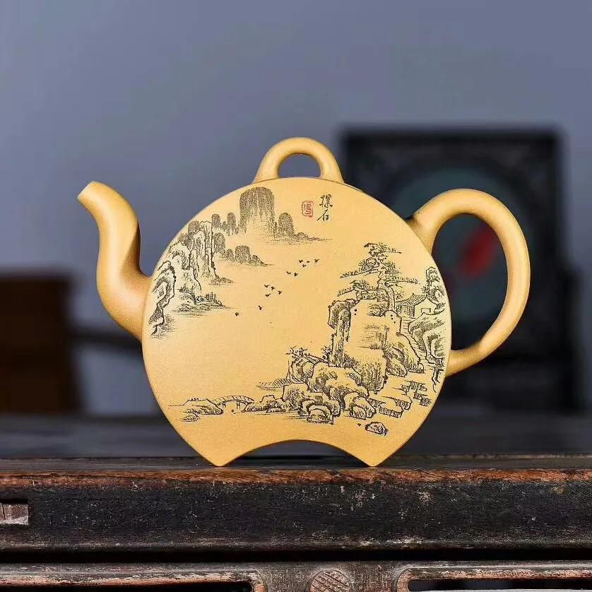 

Yixing Masters Entirely Handmade Que Month Pot Raw Ore Segment Mud Yixing Clay Teapot 480cc Depiction Landscape Using American T