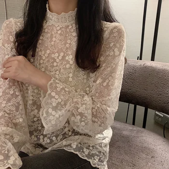

lace women blouse flare sleeved loose see through sexy office lady elegant pulls fashion outwear coats tops