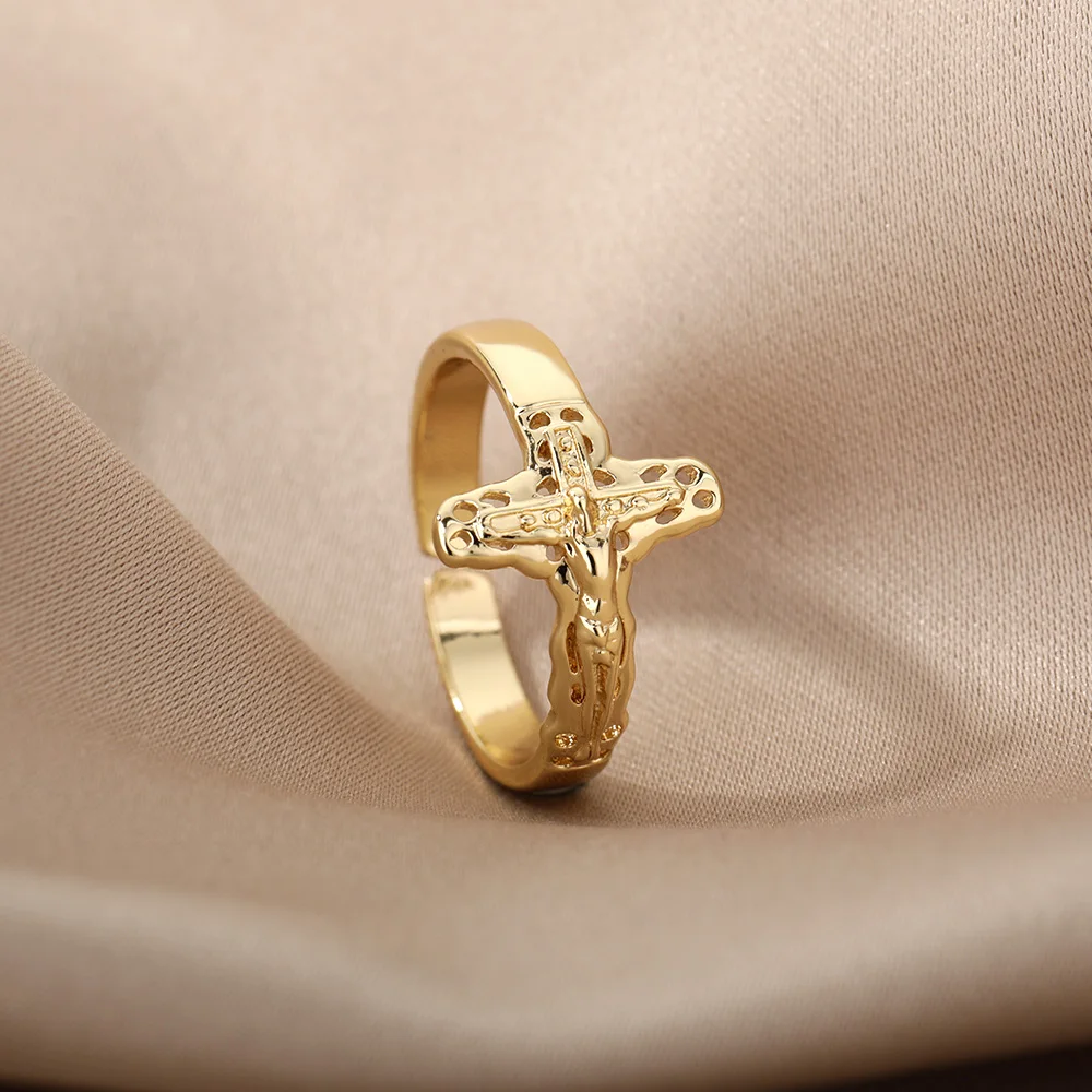 Jesus Cross Rings For Women Men Metal Golden Wide Large Adjustable Ring finger ring adjustable rings gold color rings