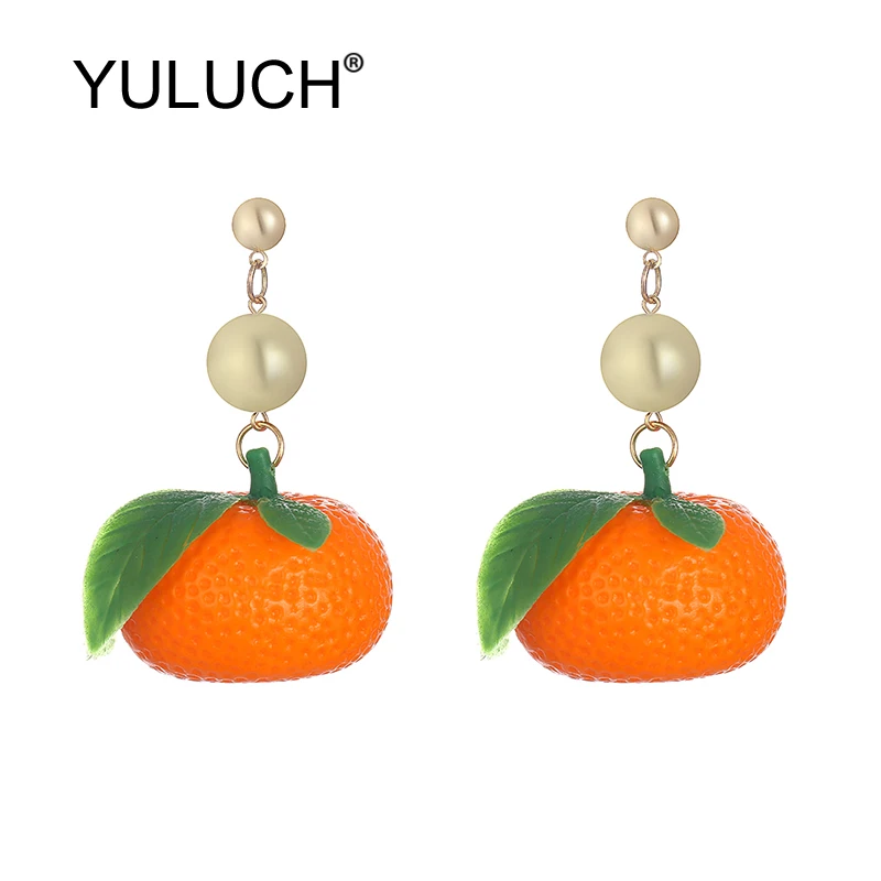 

YULUCH 2019 Summer Beach Trendy Handmade Big Plastic Red Leafy Fruit Orange Strawberry Apple Long Stud Earrings For Women Party