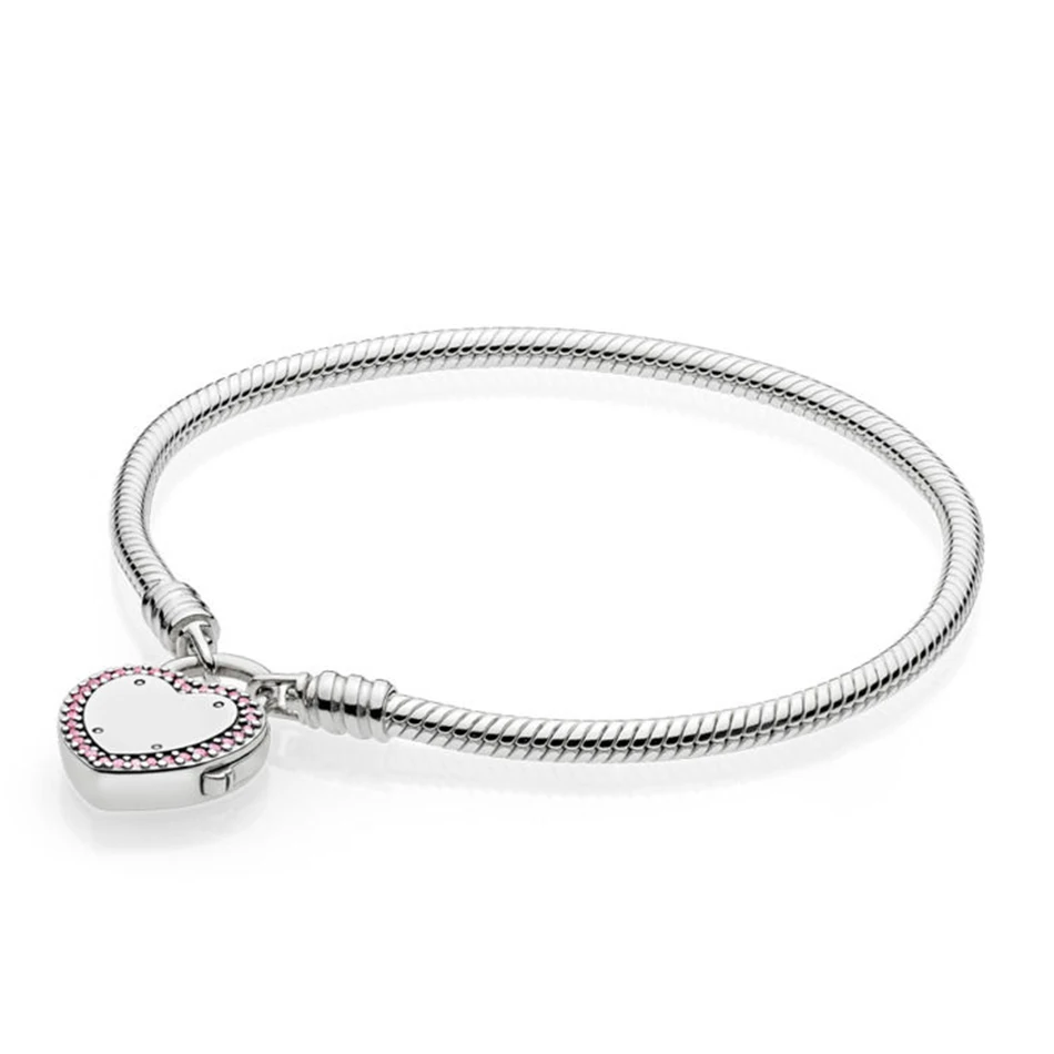 

Authentic 925 Sterling Silver Moments Smooth Bracelet Bangle for Women Signature Heart Clasp fit Lady Charms Jewelry