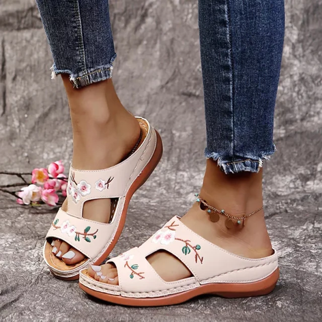Sandalias ortopédicas Vintage de cuero con flores para mujer, calzado suave  e informal, con soporte para arco, de talla grande|Zapatillas| - AliExpress