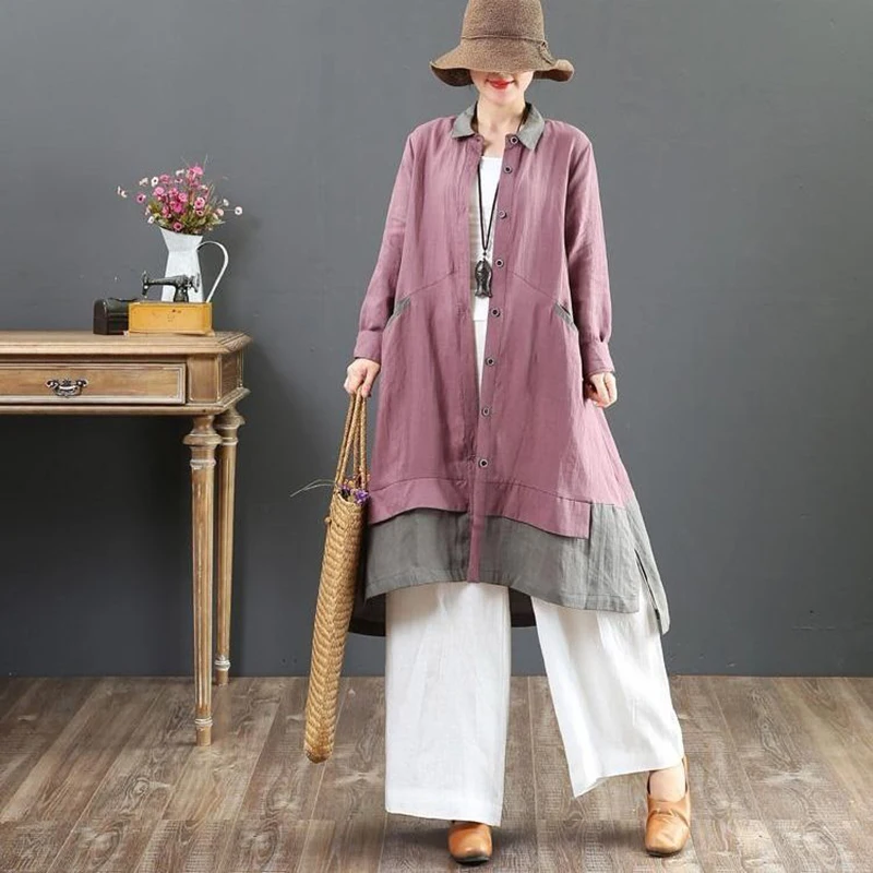 

Autumn New Arts Style Women Long Sleeve Loose Shirt Dress Layered Patchwork Cotton Linen Vintage Long Dress Female Tops D506