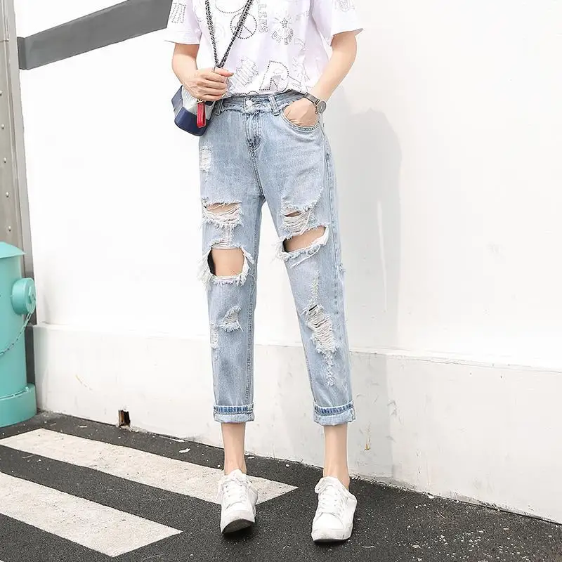 

Big Hole Jeans Woman 2019 New South Korean beggar hole loose high-waisted Harun 9 thin pants