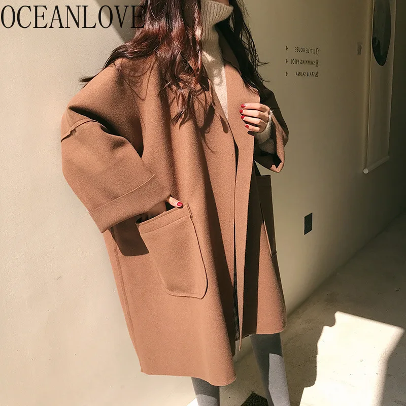 

OCEANLOVE Solid Oversize Loose Women Coat 2019 Korean Fashion Long Woolen Coat Turn-down Collar Elegant Jacket Female 13092