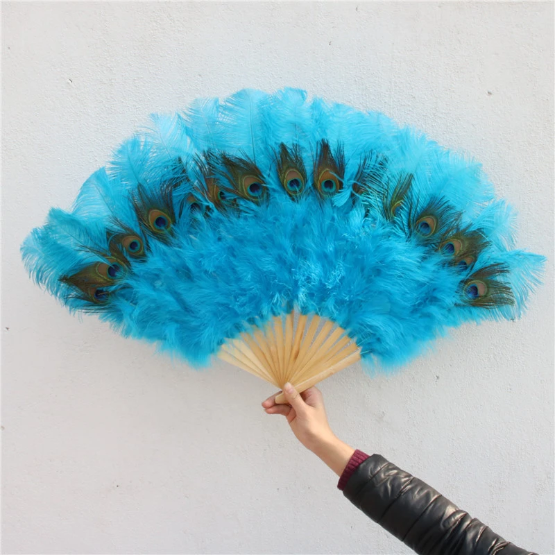 

Sale 15 Bones Sell Like Hot Cakes Lake Blue Ostrich Feather Fan Dance Party Wedding Props Performance Peacock Feathers Fan