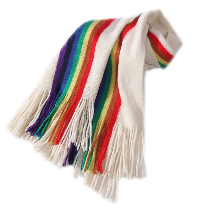 190x40 см Пашмина для женщин и девочек, Радужный вертикальный полосатый лоскутный большой шарф, шаль с кисточками, зимнее теплое одеяло - Цвет: Бежевый