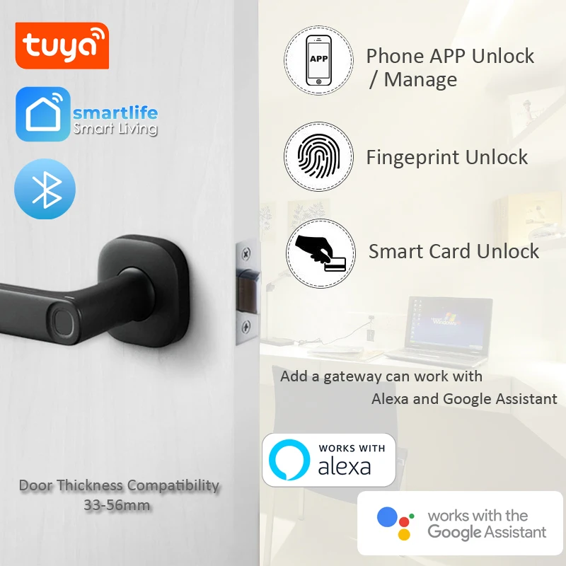 قفل باب ذكي يعمل بالبصمة والبلوتوث ويدعم Tuya / Smartlife APP ويأتي مع جهاز  Gateway من Yeeuu متوافق مع اليكسا / مساعد جوجل