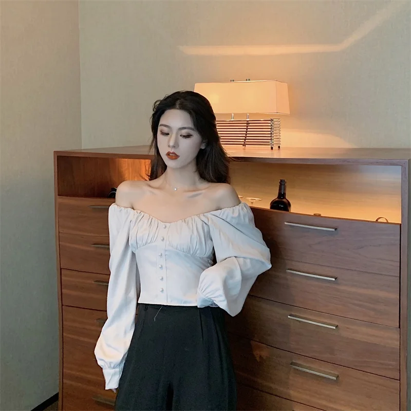 Blusas mujer de moda топы и блузки на пуговицах однотонные рубашки с длинным рукавом и вырезом в винтажном стиле весенне-осенняя женская одежда