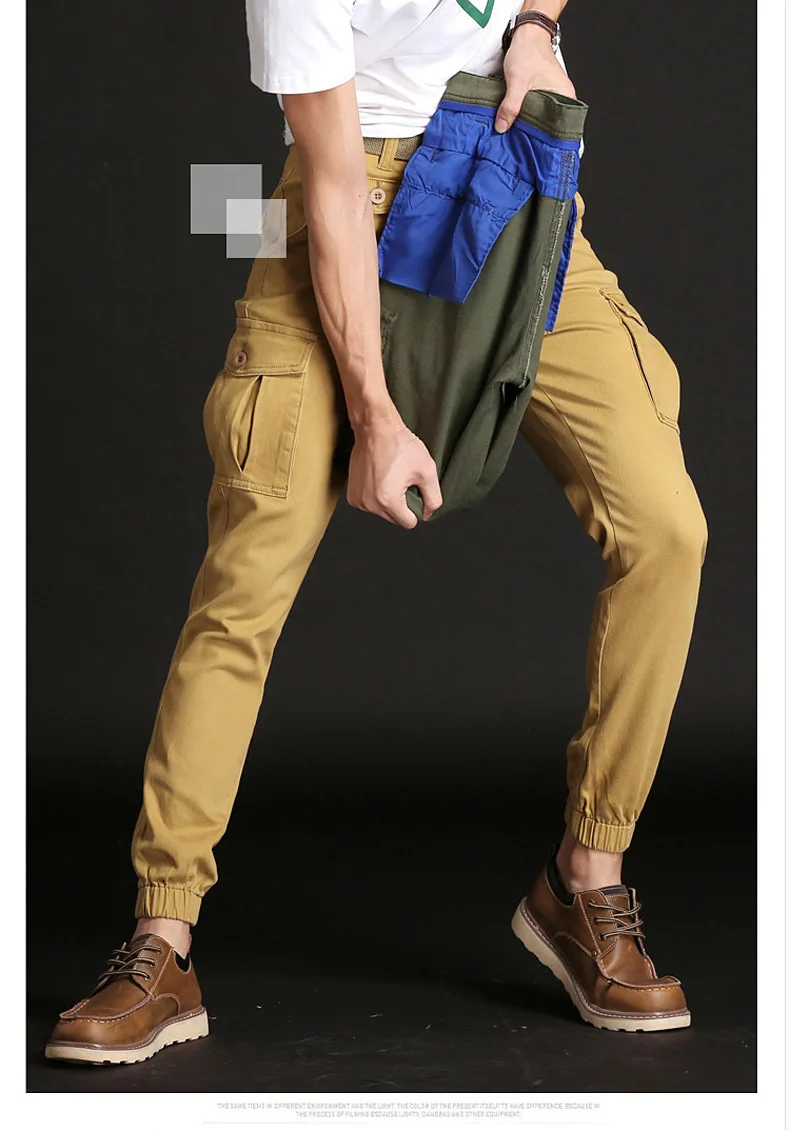 Description Picture 6 of itemCargo Pants Men Slim Foot Close Elastic Streetwear Stretch Fabric Ankle Length Black Khaki Pants Many Pocket Trousers Male