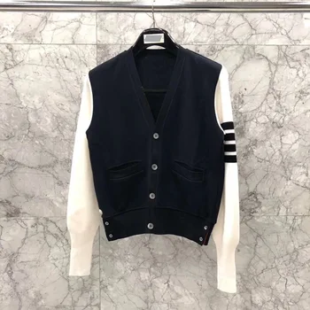 

2020 Fashion TB THOM Brand Sweaters Women Slim Fit V-Neck Cardigans Clothing Patchwork Wool Spring and Autumn Casual Coat