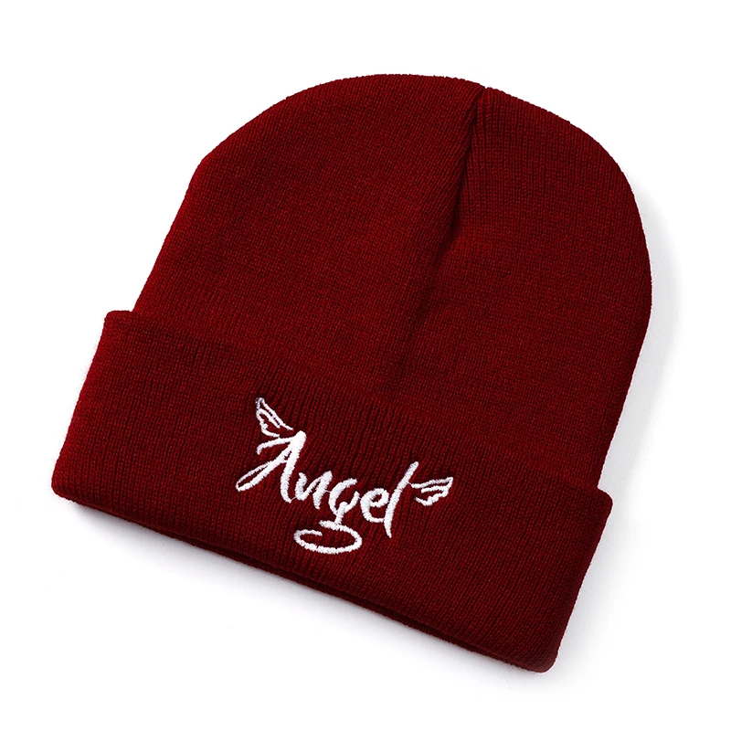 ANGLE Dark Red Зимняя женская шапка с манжетами и черепами, Вязаная Шапка-бини, женская шапка с вышивкой и надписями, головной убор, женская шапка, Gorros Mujur Invierno - Color: ANGLE Dark Red