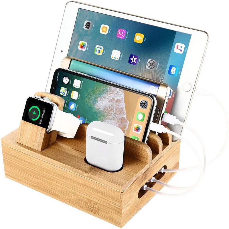 mobile phone holder for car Bamboo Charging Organizer Cord for iPhone iwatch Airpods Desk Wood Docking Stations Electronic Organizer for Cell Phone Tablet cell phone stand for desk