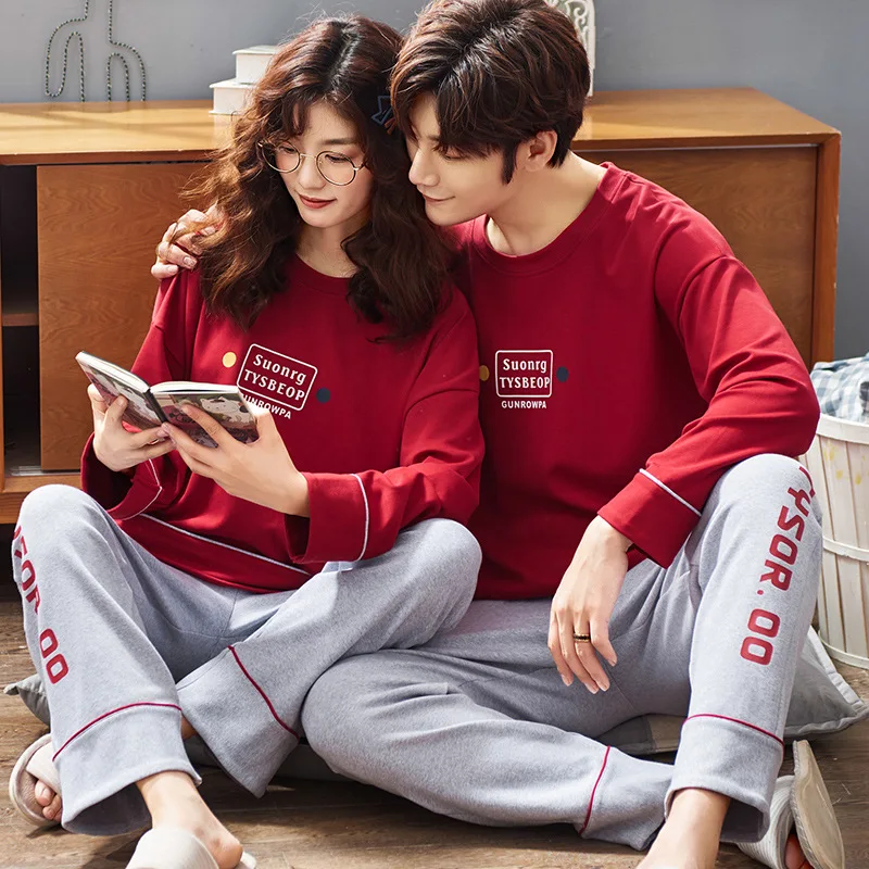 

Autumn Couples Pajamas Pure Cotton Long Sleeve Marriage Festive Year of Fate Wedding Red Men And Women Cotton Homewear Set