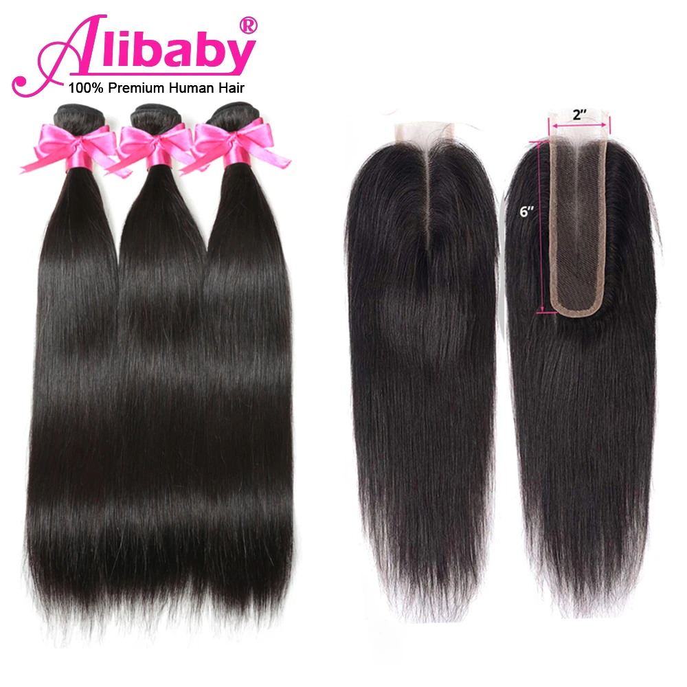 Alibaby 2 ”x6” Ким К Закрытие с пучками Razilian прямые пучки волос закрытием не Remy