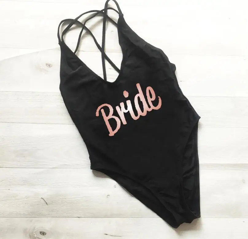 Девичник вечерние летние надпись «Bride Tribe» купальные костюмы Свадебный подарок подружке невесты со стразами на свадьбу для Одна деталь Купальник Пляжная Прямая поставка - Цвет: black t rose BRIDE