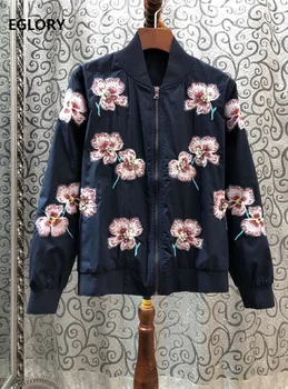 

High Quality Jackets 2020 Spring Caual Bomber Jacket Women Hand Made Beding Flower Embroidery Long Sleeve Dark Blue Jackets Coat