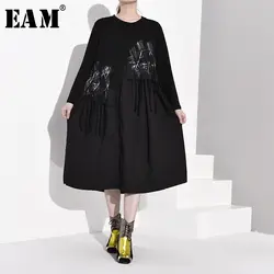 [EAM] женское черное платье с принтом и кисточками новое платье с круглым вырезом и длинным рукавом свободного кроя Мода весна осень 2019 1A0480