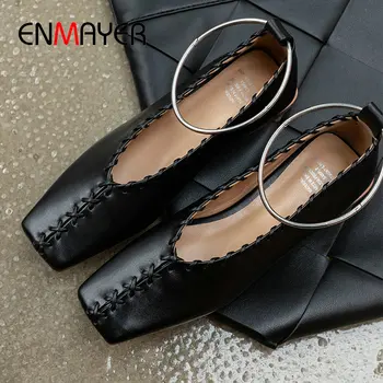 

ENMAYER 2020 High Heel Basic Square Novelty Heel Square Toe Genuine Leather Women Shoes Casual Slip-On Pumps Women Shoes