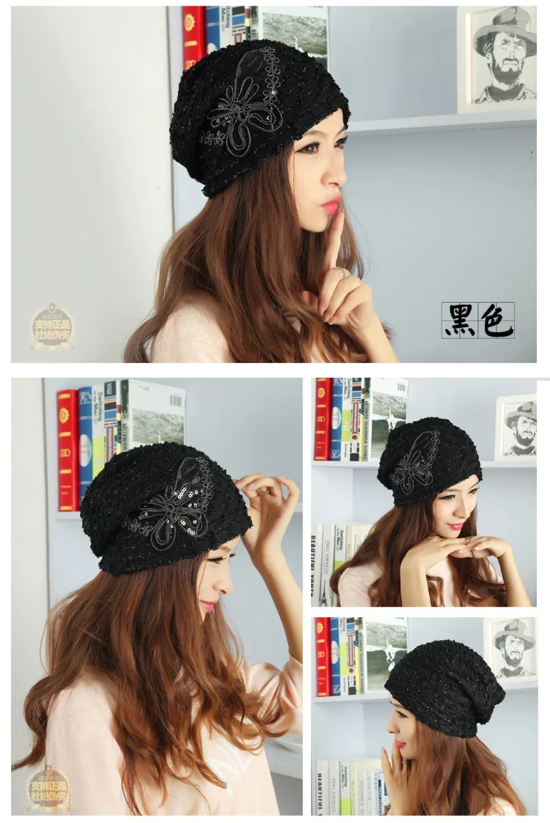 Fashion Women Summer Lace Sequin Butterfly Sunscreen Sun Hat Female Fashion Spring Autumn Windproof Warm Black Cap K38