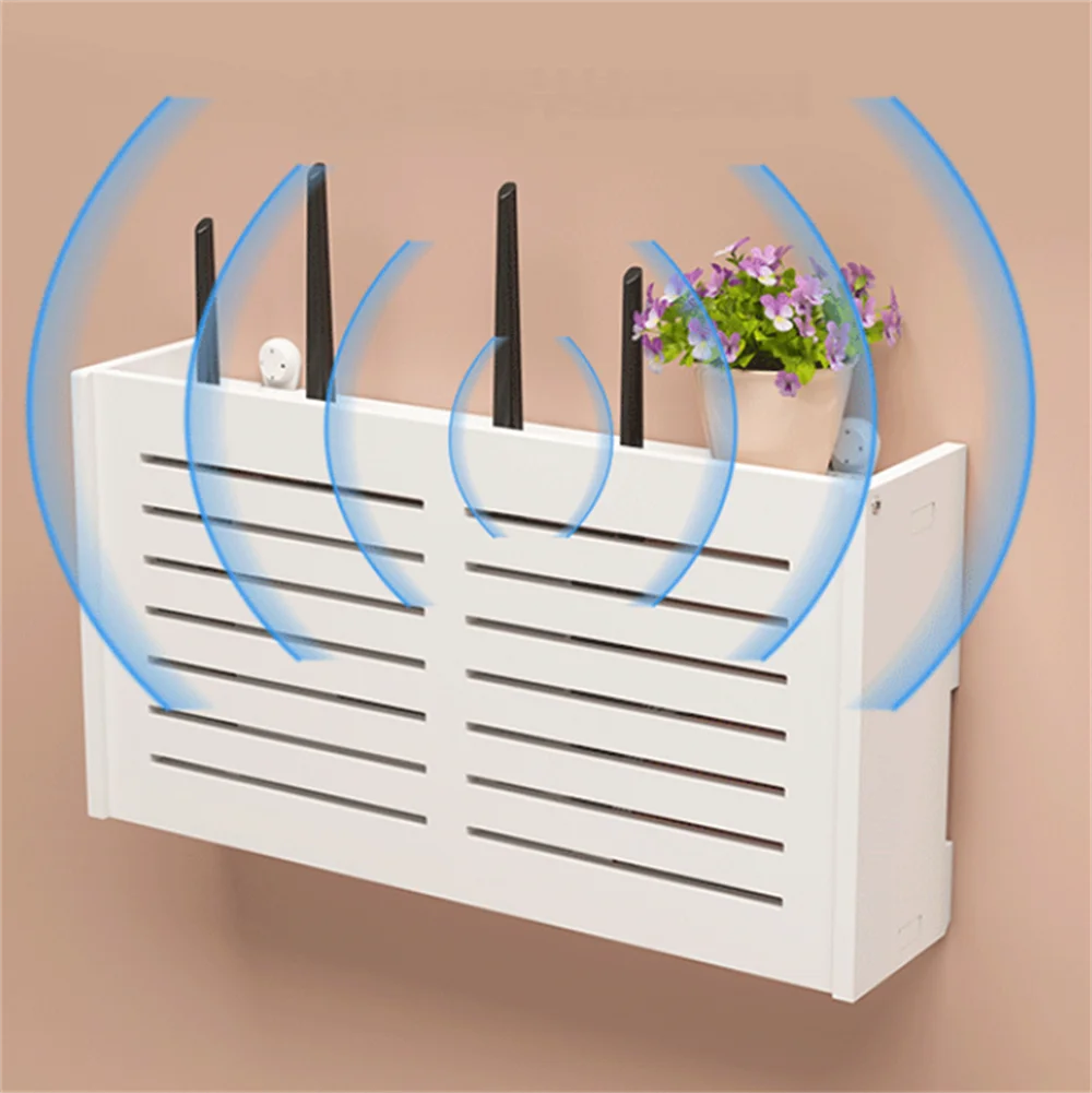White Wifi Router Storage Boxes Cable Power Plug Wire Wall Mounted Shelf Storage Rack 1PC