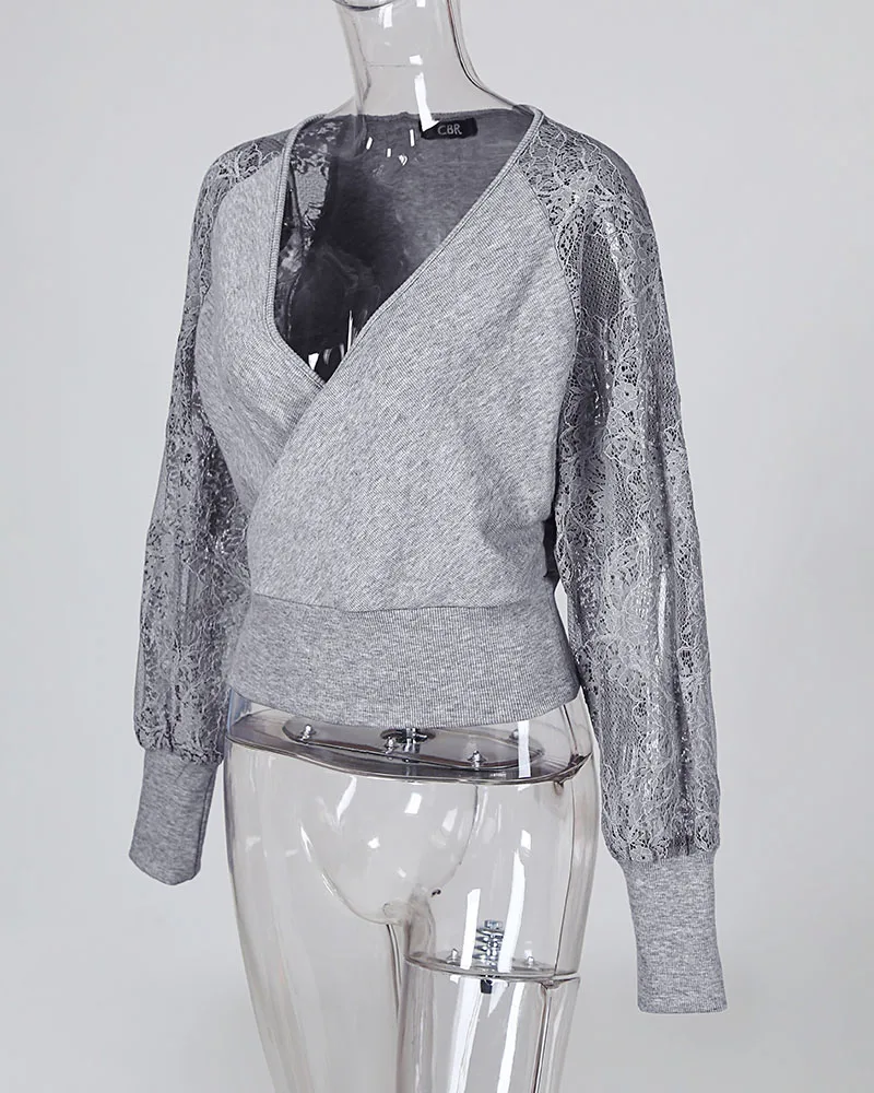 Lace Embroidery Patchwork Ribbed Casual Blouse Women V-neck Long Sleeve Autumn Workwear Blouse Tops