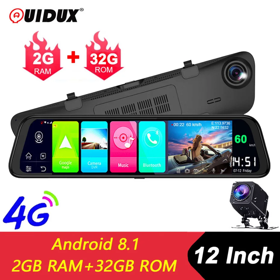 Зеркало видеорегистратор QUIDUX Android 8 1 2 Гб + 32 ГБ ADAS 10 в 4G Wi Fi GPS навигация Bluetooth FHD