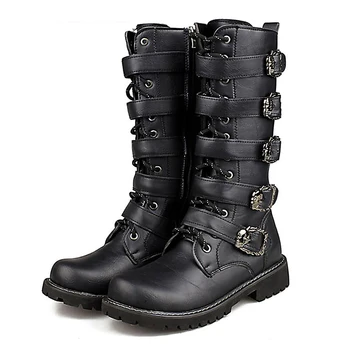 

Motorcycle Boots Men Motocross Boots Motorcycle Shoes PU Leather Rock Mid-calf Buckle Motorbike Boots Punk Martin Boots Black
