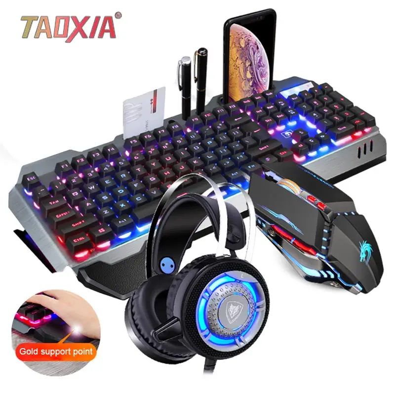 Teclado com Mouse Fone de Ouvido Jogo com Fio Real Mecânico Sentindo Conjunto Desktop Computador Notebook Usb Esports Wrangler Teclados Mão