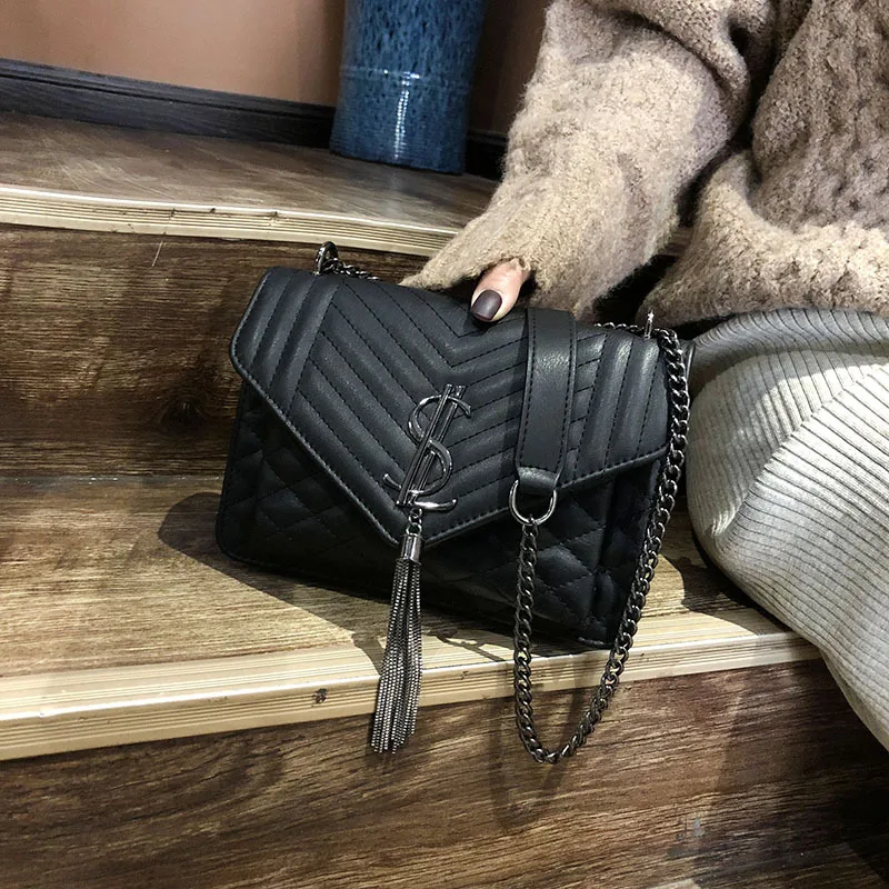 

Rhombus Chain Graceful Bag Women's Korean-style New Style Ultra-Soft Textured Soft Leather Shoulder Bag Embroidery Thread Tassel