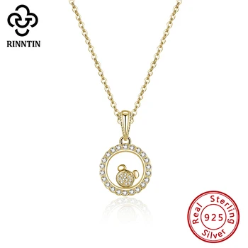 

Rinntin Pure 925 Sterling Silver Necklace Movable Bear Design Charm Inside Glass Border Zircon Round Pendant For Girls TEQN18