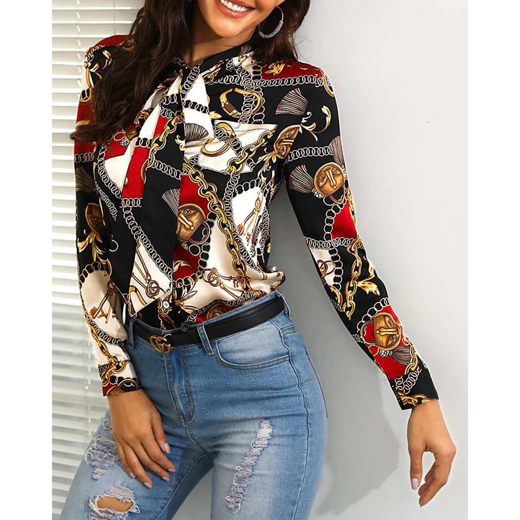 

Office Ladies Chain Print Blouses Autumn Long Sleeve Chiffon Blouse 2019 OL Style Women Lace Up Bow Buttons Shirt Tops Blusas