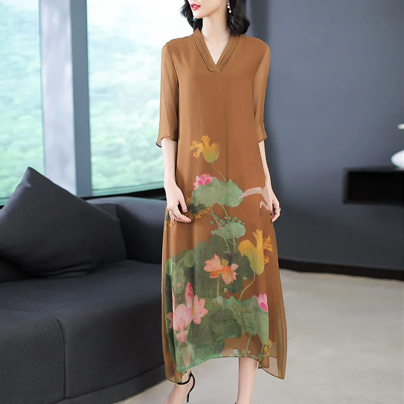 

2018 Summer Wear New Style Korean-style Heavyweight Silk Mulberry Silk Long over-the-Knee Dress Women's Fashion