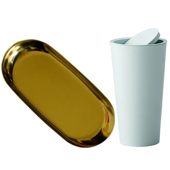 

1pcs Stainless Steel Storage Trays Ellipse Tray Jewelry Receive Tray -Gold & 1Pcs Auto Car Garbage Can Car Trash Can Garbage Dus