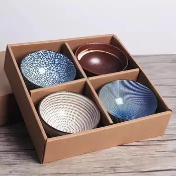 

Set of 4 Japanese Traditional Ceramic Dinner Bowls 4.5inch 300ml Porcelain Rice Bowls with Gift Box Dinnerware Set Best Gift