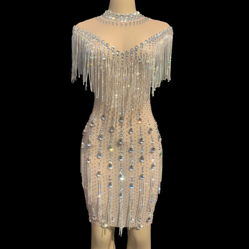 Прозрачное Сетчатое платье с бахромой и кристаллами женское для дня рождения