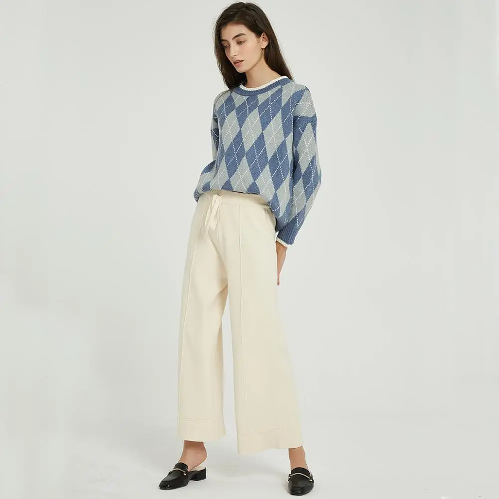 Cena Wixra Casual damskie dzianinowe spodnie szerokie nogawki luźna, wysoka talia sznurowane ciepłe grube spodnie jesienno zimowy damski dół stroju