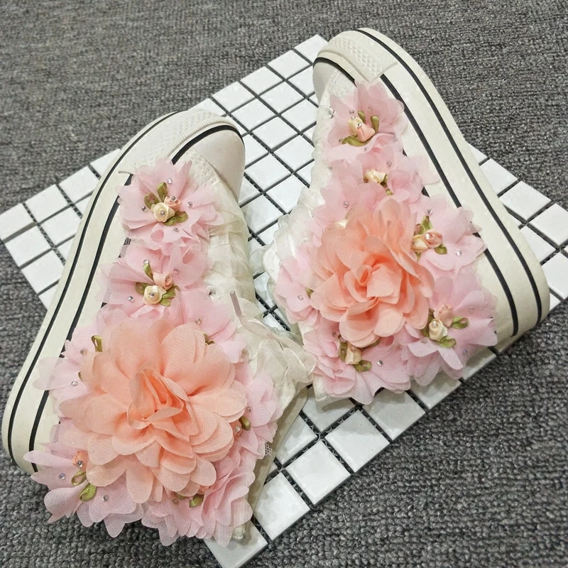 여성용 수제 신상 꽃 캔버스 신발, 라인석 핑크 레이스 플라워, 학생 레이디 캐주얼 신발, 화이트 플랫폼 스니커즈