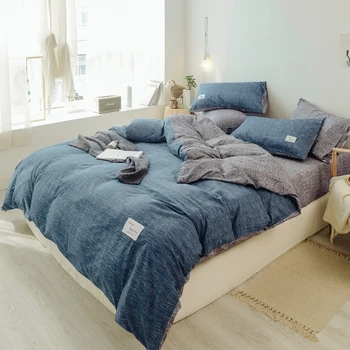 

100% Washed Cotton Soft Twin Queen Size Grey Blue Comforter Cover Bedding Set 4Pcs(1Duvet Cover 1Bedsheet 2Pillow Shams)
