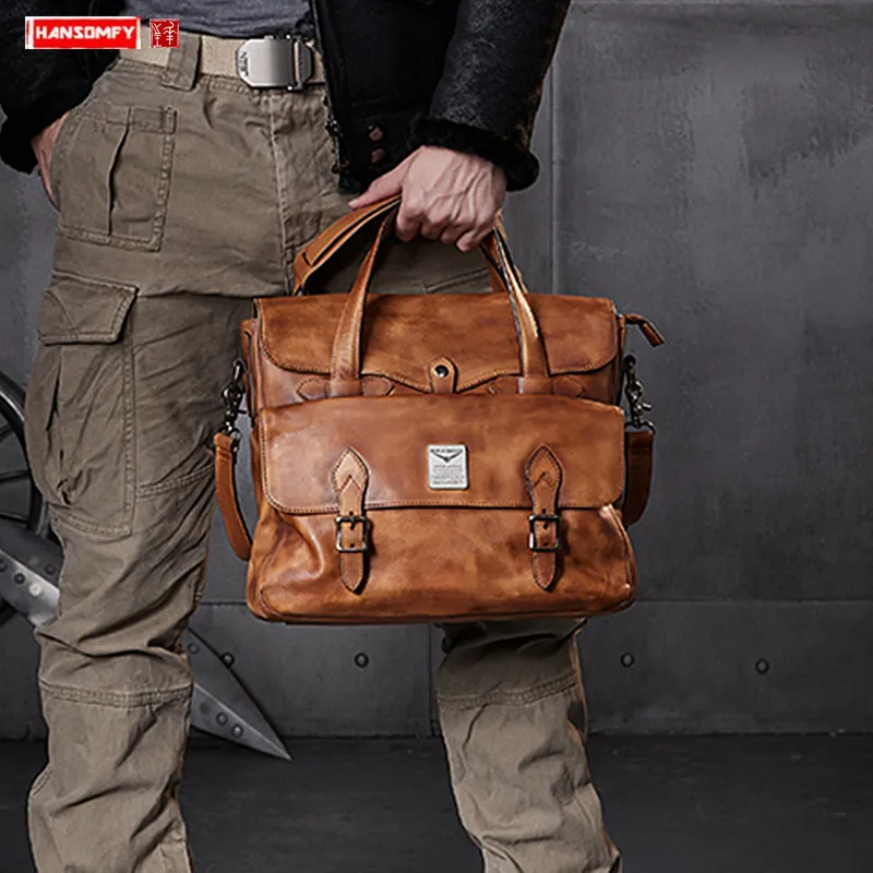 

New First layer leather men's handbag official business briefcase men laptop bag cowhide shoulder bag retro travel portable bags