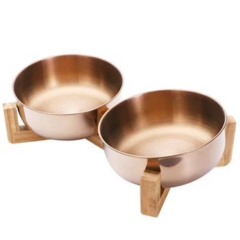 

Pet Feeding Bowl Stainless Steel Dog Cat Feeder Creative Cat Food Bowl Water Bowl with 15 Degree Tilted Wooden Stand Holder