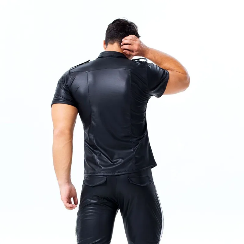 Men PU Faux leather Moto T Shirts hot Sexy Wetlook Fitness Latex Tops Gay Shirts Mens Stage Shirt Casual Party Clubwear costumes