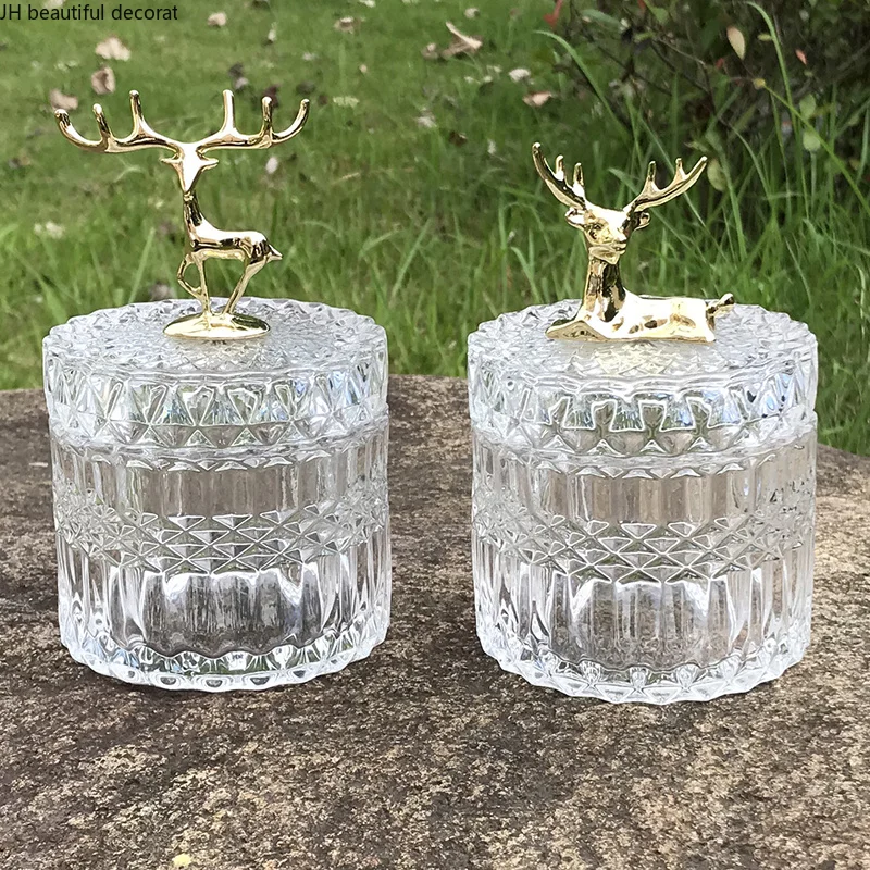 

European Transparent Crystal Glass Candy Jar Lying Deer Storage Jar Creative Deer Head Cotton Swab Jar Toothpick Box Decoration