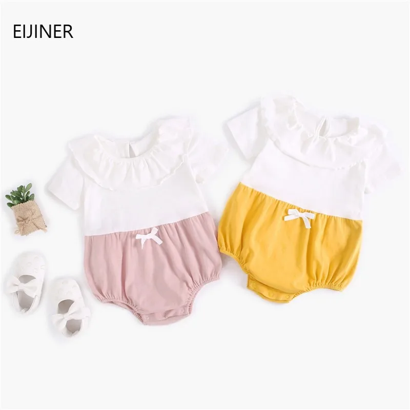 

Summer Girls Rompers Short Sleeve Ruffles Printing Lovely yellow Jumpsuit One Piece Outfits Romper Clothes 0-36M
