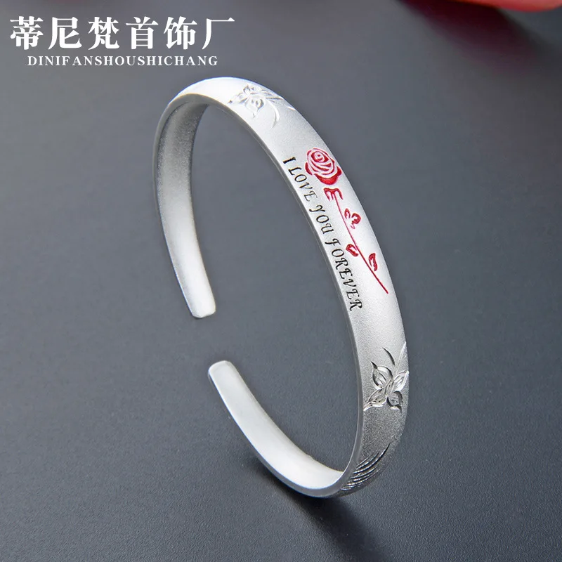 

Western Style Romantic Valentine's Day Dull Polish Bracelet S999 Fine Silver Carving Red Roses Sweet Women's Pure Silver Bracele
