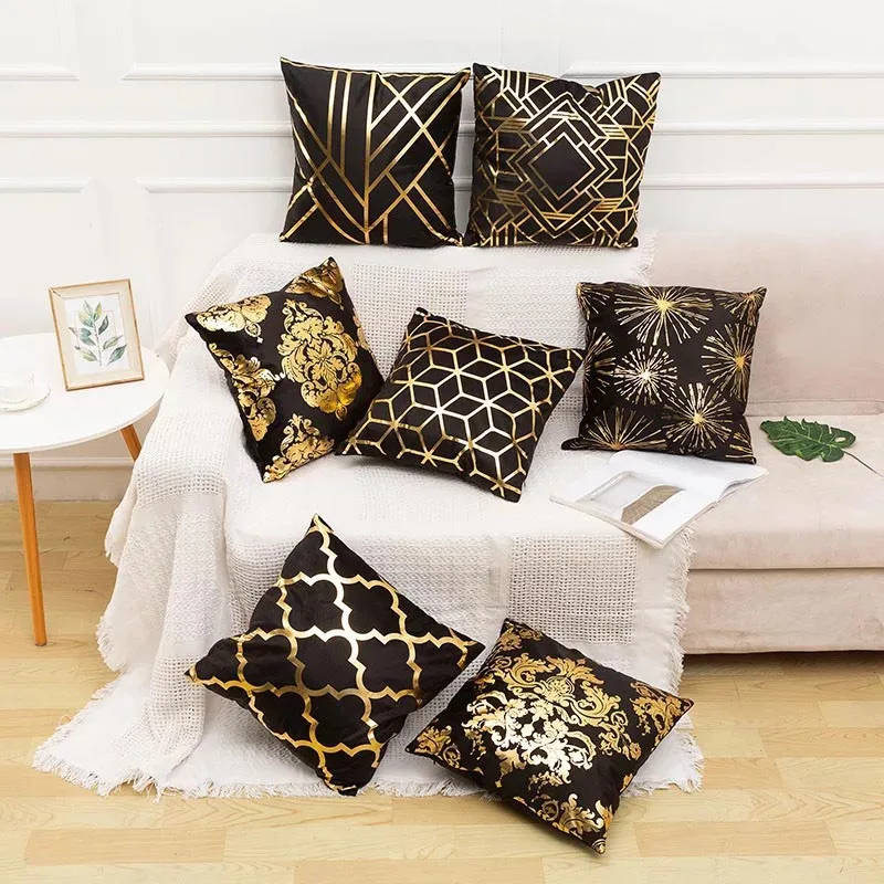 

Bronzing Black Pillowcase Modern Creative Printed Plush Pillow Case Sofa Seat Cushion Cover Home Decoration Geometric Pattern